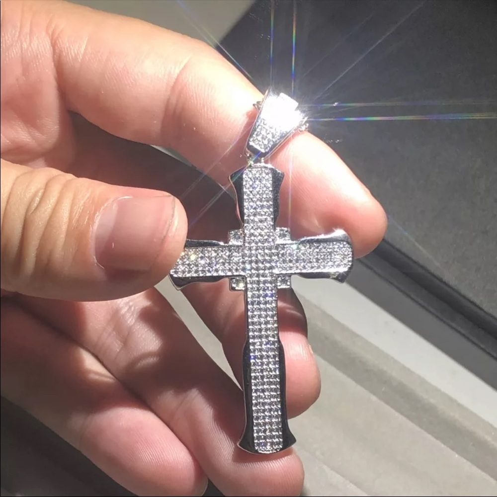 New Luxury 925 Silver Cross Men Women Diamond Necklace - Picture 13 of 16